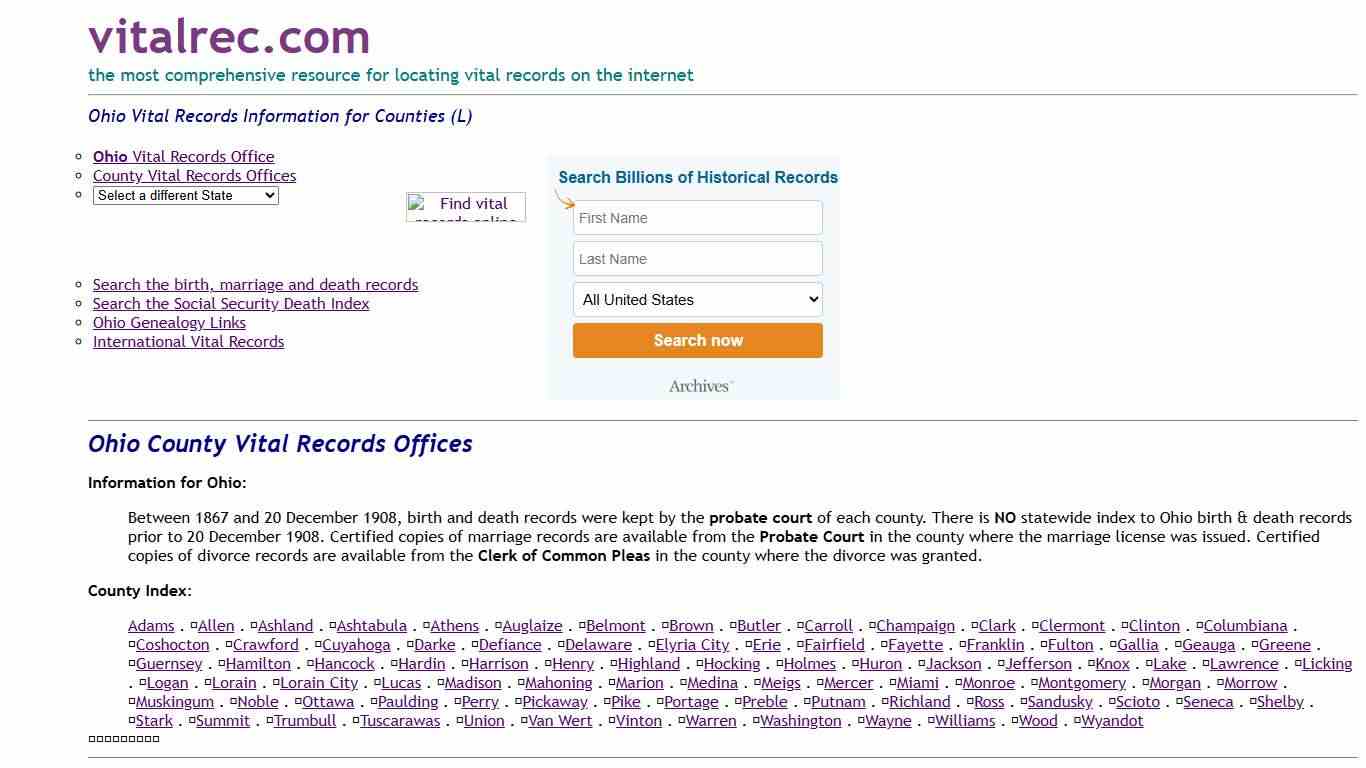 Ohio Counties Birth Certificate, Death Record, Marriage License and More (L)