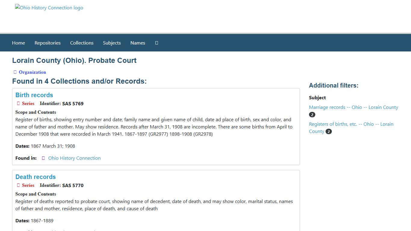 Lorain County (Ohio). Probate Court | Ohio History Connection - ArchivesSpace