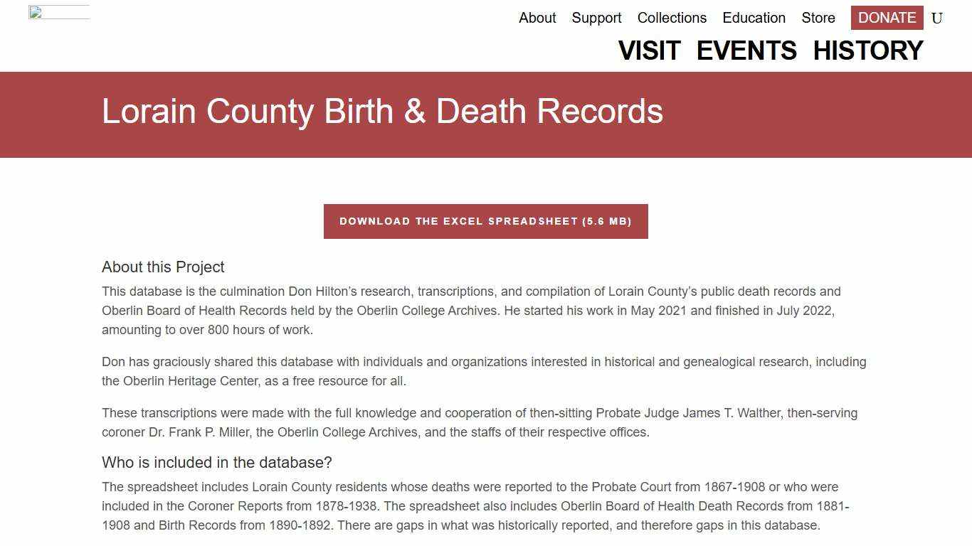 Lorain County Birth & Death Records | Oberlin Heritage Center